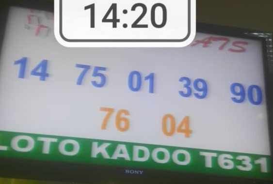 numéros gagnants du lotto Kadoo tirage 631: 14 - 75 - 01 - 39 - 90 Bonus / 76 - 04