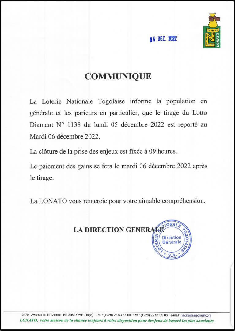 Communiqué pour le lotto Diamant tirage 1138 LOTTO ou LOTO TOGO