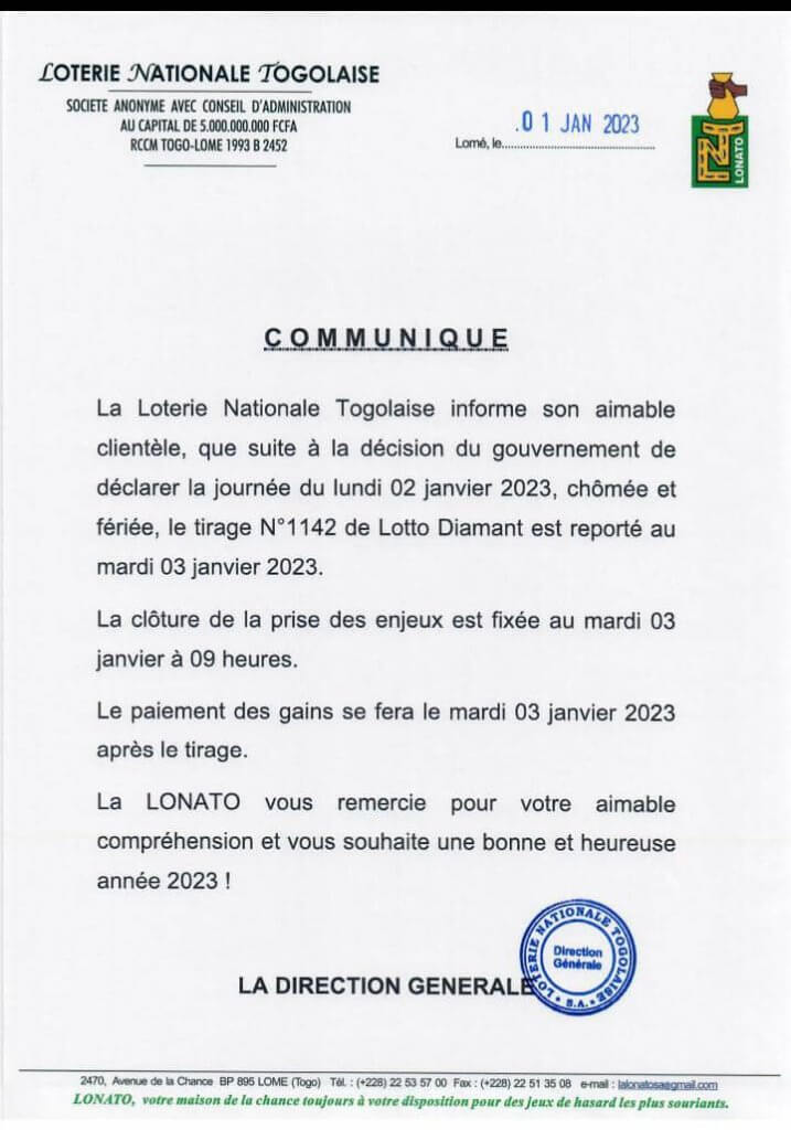 Communiqué de la LONATO par rapport au Loto Diamant du 02 Janvier 2023