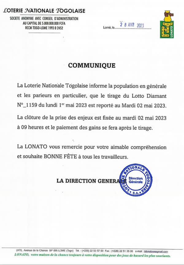 Communiqué de la LONATO en rapport avec Loto Diamant tirage 1159 du 1er Mai 2023