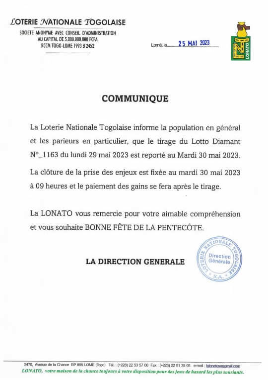 Communiqué de la LONATO en rapport avec Loto Diamant tirage 1163