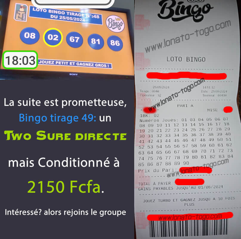 Loto Bingo tirage 49: Two Sure directe assuré