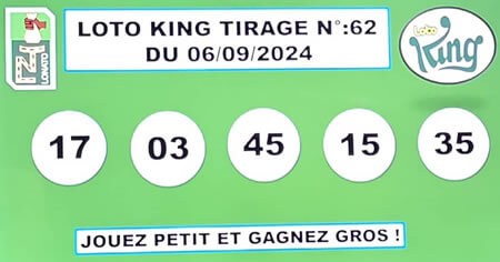 Résultats du loto KING tirage 62