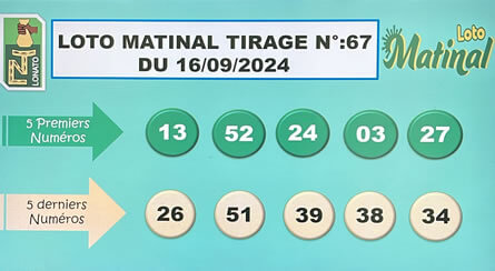 Résultats du loto Matinal tirage 67