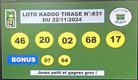 Résultats du loto Kadoo tirage 831