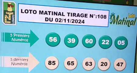 Résultats du loto Matinal tirage 108